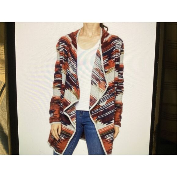 Lucky Brand Women's Drape Waterfall Open Front Aztec Cardigan Multicolor Medium - Picture 2 of 8